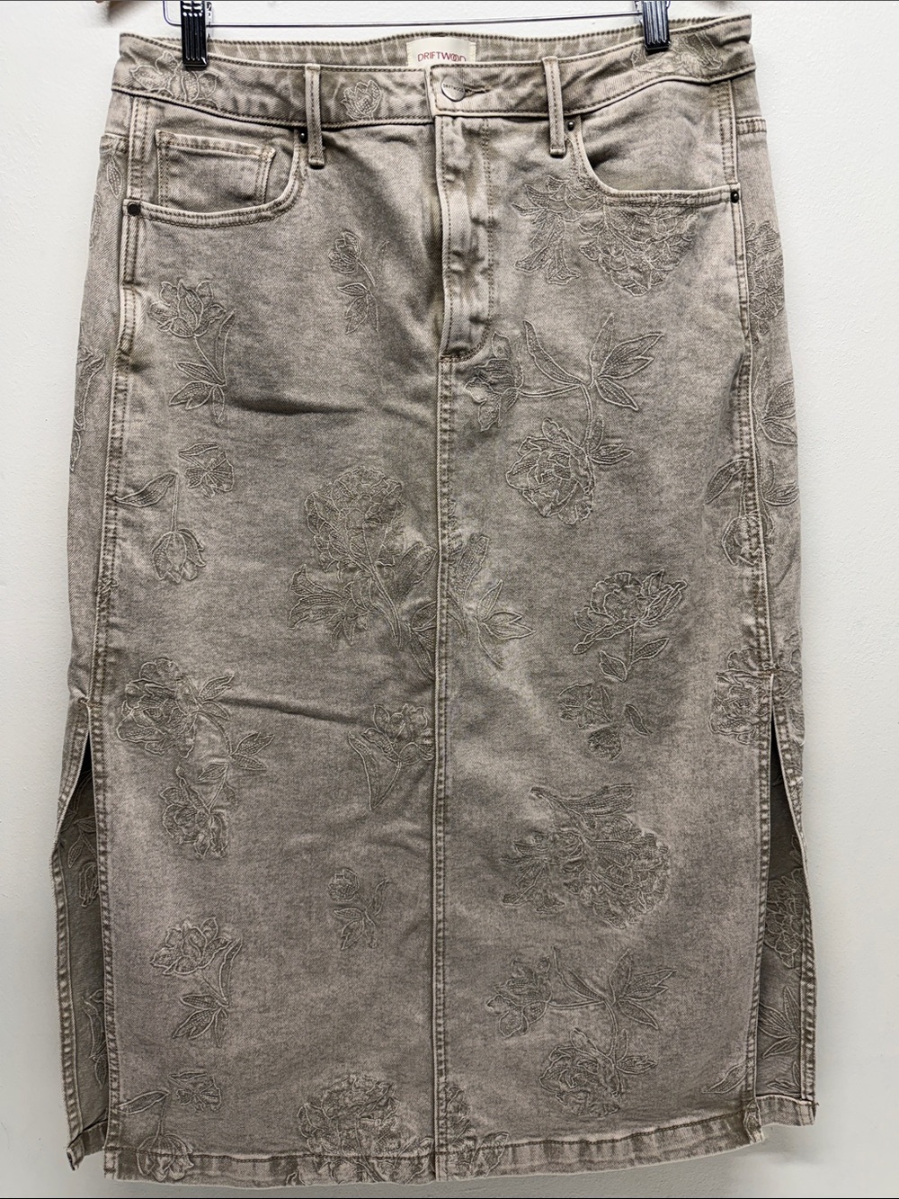 Driftwood Svetlana Maxi Skirt Straight Mid Rise Denim Floral Beige Plus Size 32 - Picture 4 of 11